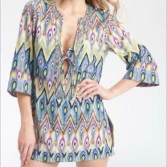 Vix by Paula Hermanny Beaded Kaftan Swim Cover Up Top Sheer Blouse, Women’s M - Picture 1 of 12
